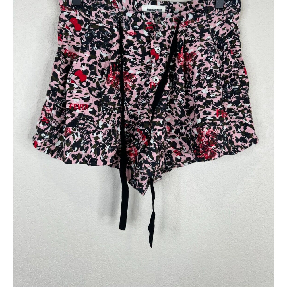Zadig & Voltaire Sing Leo Ohtaké Shorts Size 34 Pink Leopard-Print 3" Drawstring